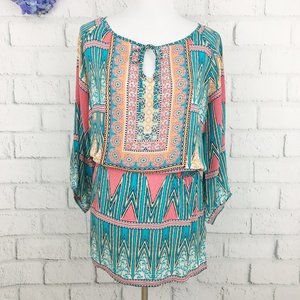 Tolani Silk 3/4 Sleeve Ruched Waist Tunic Top